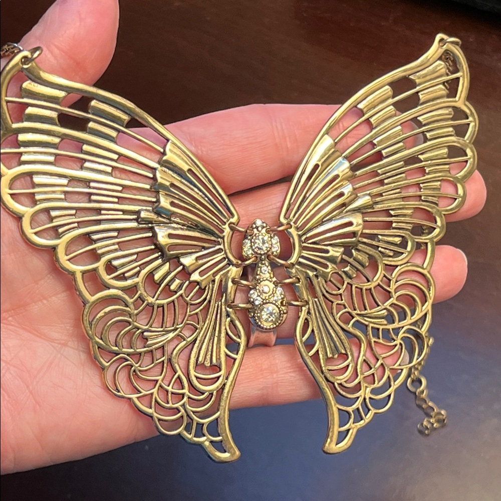 Articulated Butterfly Necklace in Antiqued Gold - Picture 3 of 16